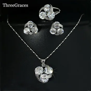 ThreeGraces Yeni Moda 925 Gümüş Takı Setleri Kübik Zirkon Düğüm Küpe Kolye Ve Yüzük Kadınlar İçin JS124 Set