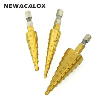 NEWACALOX Altıgen Yüksek Hız Çelik Ahşap Metal Delme Titanyum Adım Matkap 3-12mm 4-12mm 4-20 mm HSS Güç Araçları seç: ayarla/Bit