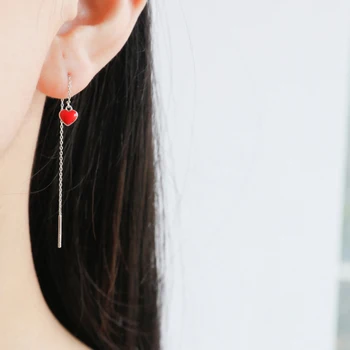 Kadınlar İçin Moda Yeni Sweety Uzun Kulak Tel Bilezik Basit Tatlı Damla Yağ Kırmızı Kalp Dangle Pendientes Moda Brincos