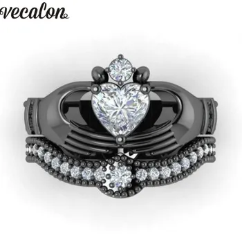 Vecalon Lüks Severler claddagh yüzüğü 1ct Diamonique 5A Zirkon Cz Beyaz Altın dolu Nişan alyansı yüzük kadınlar erkekler için Ayarla