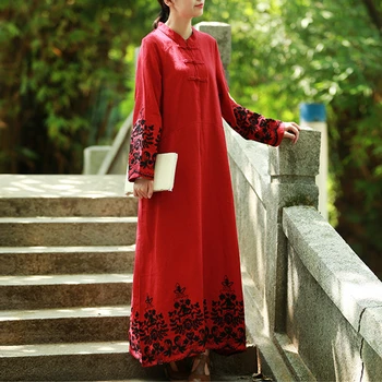 LZJN Vintage Çin Çiçek Maxi Nakış Uzun Elbise Kadın Giyim Bilek Uzunluğu Kollu Pamuk Elbise Şık Elbise Elbise