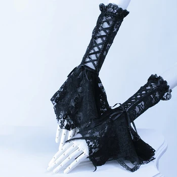 2017 Moda Gotik Punk Klasik Kadın Şık Uzun Dantel Eldiven Dantel Eldiven Dışarı Kadar Siyah Ve Beyaz Boş Steampunk-