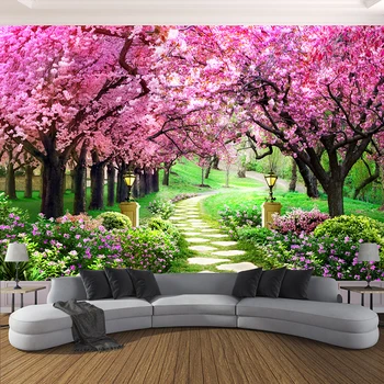 Özel 3D Fotoğraf Oturma Odası, Yatak Odası De Parede İçin Çiçek Romantik Kiraz Çiçeği Ağacı Küçük Yol Duvar Kağıtları Duvar Kağıdı