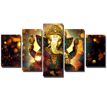 5 Panelleri Ganesha Duvar Sanatı Modüler Resmi Yazdırmak İçin Hindu Tanrıları Tuval Oturma Odası Duvar İçin Büyük Boy Ganesha Sanat Poster Resim