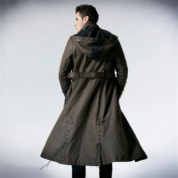 Steampunk Gotik Moda Erkek Koyu Kahve Uzun Punk Yakışıklı Deri Döngüler Ceket Dimi Kapşonlu Palto Palto Rüzgarlık