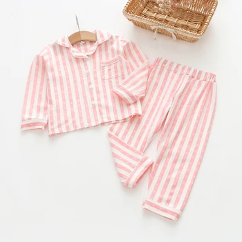 Çocuk Eve takım Elbise Bahar Sonbahar Yumuşak Tedavi Çocuk Giyim Pijama Pijama Yaka Kenar erkekler Kızlara Çizgili Kıyafeti