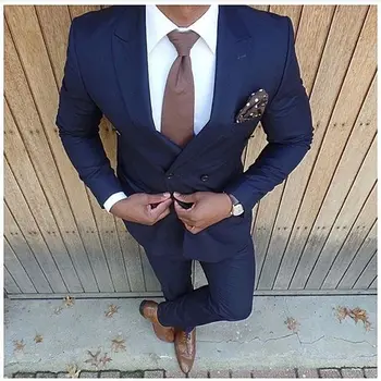Yeni Moda Koyu Mavi Düğün (Ceket+Pantolon) Slim Fit Erkek takım Elbise 2 Adet takım Elbise Damat Smokin Sağdıç İş erkek Takım elbise