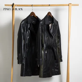 Pinky Siyah Orta-Uzun Deri Ceket Kadın 2017 Yeni Sonbahar Artı Boyutu 5XL Siyah/Ordu Yeşil Kattık Kadın Deri Ceket Kuşaklar