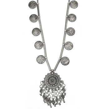 Ağır metal Deyim Çingene Etnik Vintage Antika Gümüş boncuk kolye püskül uzun Maxi Kolye Zincir Kolye