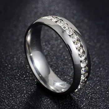Kadınlar için Paslanmaz Çelik Tek Satır Tam Bling Kristal Yüzük Gümüş 6 mm Sevgilinin Düğün Bague Altın Moda Takı Erkekler