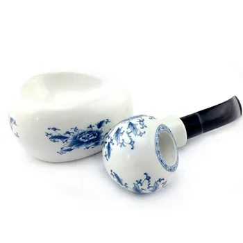 Sıcak Özgün Dayanıklı Manuel Mavi ve Beyaz Porselen Seramik Boru Boru Raf ile ak0003 Standı Bükülmüş Kök Kil Sigara Boru Ayarlayın
