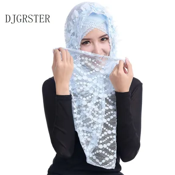 DJGRSTER kadınlar maxi örtüler şallar büyük boy İslam kafa yumuşak uzun Müslüman dantel çiçek pamuk düz tesettür eşarp Underscarf sarar