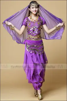2017 Oryantal Dans Kostümleri 5 adet Üst & Pantolon & Bel Zinciri & Lastik& Peçe Elbise Hint Dansı Hint Giysileri Belli Dancer Ücretsiz Gemi