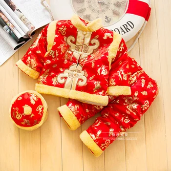 Mutlu Ada Yeni Yıl Kalın Pamuk Bebek Çocuk Giyim Setleri Uzun 0 için 2Y Bebek Çin Traditoinal Nakış Tangsuit Kol-
