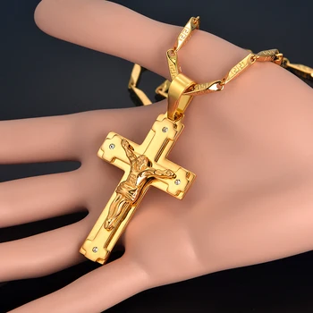 İsa Kolye Altın Rengi Erkek Kadın Takı Paslanmaz Çelik Zincir Katolik Haç Erkek Kolye 999 Kolye Haç