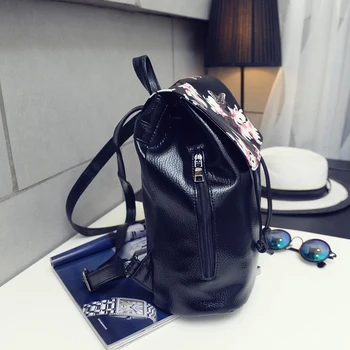 Kızlar İçin Baskı İpli Sırt çantası kadın Sırt çantası Deri Mochila Kadınlar Çiçek Siyah Okul çantası Sırt çantası kadın