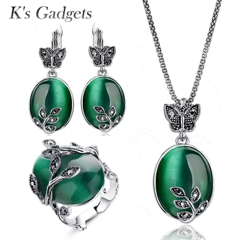 K'sGadgets Marka Vintage Yeşil Opal Takı Siyah Kristal Rhinestone Yaprak Büyük Oval Doğal Taş Yüzük Kolye Setleri Küpe Set