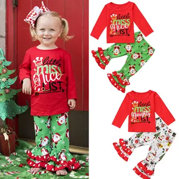 Yeni sevimli bebek çocuk Noel Bebek Kız Noel Noel Baba Uzun Kollu Üst Baskı Pantolon Set Kıyafet Elbise sevimli fırfır kıyafetler