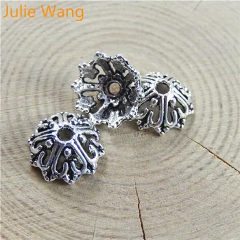 Julie Wang 50pcs Antika Gümüş Çiçek Kolye Alaşım Boncuk Kap DİY Moda Bilezik Kolye Takı Aksesuar Yapma