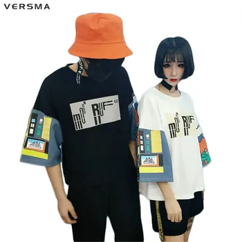 2017 VERSMA Japon Harajuku BF Yamalı Desen Baskılı T-shirt Erkek Kadın Moda Yaz Gevşek Tops Tees Birkaç Elbise Gömlek