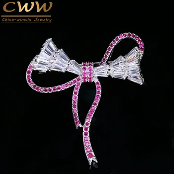 CWWZircons Yeni Moda Geometrik Kırmızı Kübik Zirkon Taş Gümüş Rengi Güzel Ilmek Bayanlar Gül BH003 Takı Hediye Broş