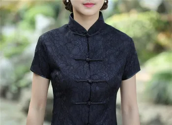 Seksi Siyah Dantel Kadın Yaz Kısa Kollu Bluz Çin Vintage Düğme Gömlek Mandarin Yaka Giyim M L XL XXL XXXL 2520-1