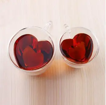 Kolu Kalp Cam Çay Fincan Açık Çift Duvar Kahve Öğleden Sonra Çay Çift Katmanlı Cam Kupa Severler Şeklindeki
