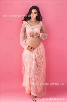 Sıcak Satış kadın Doğum Fotoğrafçılığı Hamile Kadın Hamilelik Fotoğraf Çekimi Tam kollu Tekne Boyun Çiçek Elbise Dantel Elbise Pembe Sahne