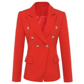 Yeni Moda Sonbahar Kış Barok Tasarımcı Blazer Kadın Metal Aslan Düğmeleri Çift Blazer Ceket Dış Ceket Kırmızı Göğüslü