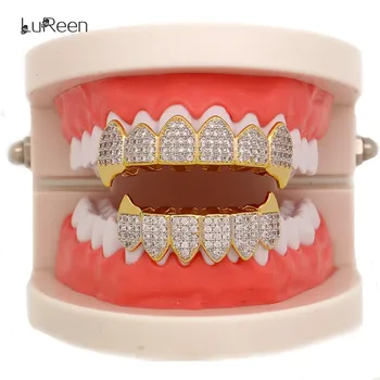 LuReen Parlatıcı Mikro Pave Kübik Zirkon Altın Diş Ağız Üst Ve Alt Diş Izgaraları Fang Dişleri Vampir Buzlu Dışarı Takı Kapakları Izgaraları