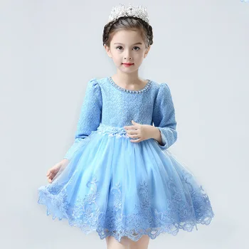 Koreli Prenses Kızlar Sonbahar Çocuk Çocuk Giyim Uzun Kadife İnce Kalın 3 Renk Nakış Dantel Elbise Kollu