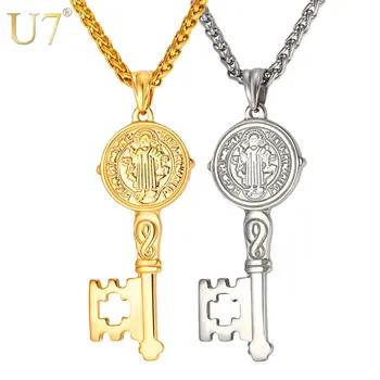 U7 Vintage Anahtar Charm Kolye & Kolye Erkek Altın Renk 316 Paslanmaz Çelik Zincir P1010 Madalya Anahtar Takı Saint Benedict