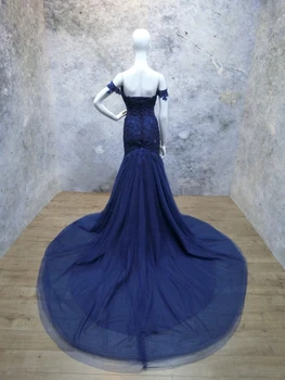2018 Kapalı Omuz Uzun Balo Mavi Tül Aplike Prenses Vintage Abiye Vestido De Bulunan Boncuklu Elbiseler
