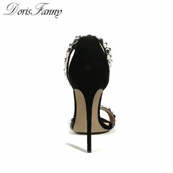 Sandalia feminina süet deri ayak bileği kayışı bayanlar açık ayakkabılar siyah yüksek topuklu sandalet kadın düğün ayakkabı DorisFanny