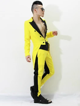 S-5XL! 2018 Bar şarkıcısı DJ GD kostümleri Mahkemesi, Avrupa Amerika eski erkek slim takım elbise parlak sarı swallowtail resmi elbise VSTİNUS