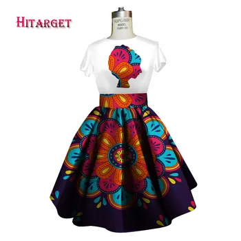 2018 Yaz elbise Artı Boyutu 2 Adet Afrika Baskı Dashiki Pamuk T-shirt Etek WY2726 Bazin Rche Femme Afrika elbise takımı