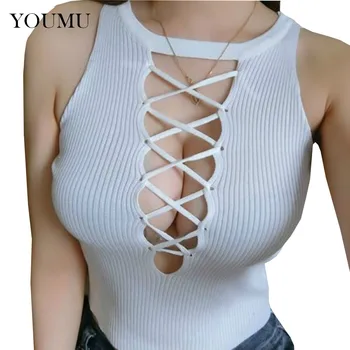 Seksi Bayan T-Shirt Oyuk Kolsuz Askılı Yelek Ürün Bralette Sıcak Kız Çapraz Bandaj Moda İki Taraf 200-096 Tank Giymek Üstleri