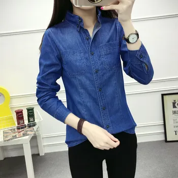 Jean Gömlek Kadın en fazla 2018 Bayan Casual Kadın Giyim Blusa Camisa Jeans Feminina Bluz Uzun Kollu Gömlek Kadın