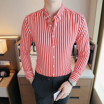 İş Gömlek 2018 Yeni Moda Marka Erkek Giyim Uzun İş Gömleği Slim Fit Çizgili Büyük Boy M-5XL Casual Gömlek Gömlek Kol