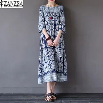 2018 ZANZEA Vintage Çiçek Cepler Boyun Yaz Casual Gevşek Pamuk Tunik Uzun Elbise Vestido Artı Boyutu Yuvarlak Kadın