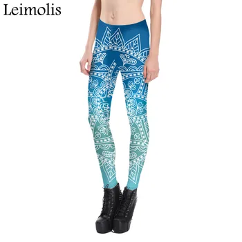 Bel fitness egzersiz şınav yüksek Leimolis 3D baskılı mavi Bohem çiçek harajuku gothic seksi artı boyutu kadın pantolon tozluk