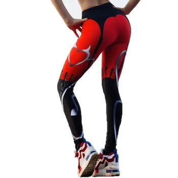 2018 Yeni Seksi Kalp Baskı Kadın Kırmızı Siyah Yamalı Spor Pantolon Moda Kadın Spor Tozluk Baskılı Tozluk