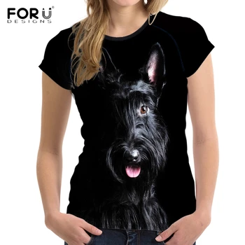 FORUDESİGNS Sevimli 3D Hayvan Köpek, İskoç Terrier Baskı Kadın Gömlek Kızlar Kısa Üst Tee O Boyun Harajuku T Kol Şık tişört