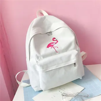 Genç Kızlar İçin BONAMİE Moda Flamingo Nakış Kadın Sırt çantası Tuval Okul Çantası Büyük Öğrenci Çantaları Kadın Sırt çantası Seyahat