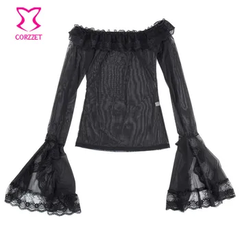 Siyah Şeffaf Tül&Dantel Omuz Parlama Seksi Bluz Victoria Steampunk Kol Gotik Giyim Aksesuarları Korse Fırfır Kapalı