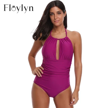 Floylyn Seksi Mayo, Kadınlar Tek Parça 2018 Kadın Artı Boyutu Plaj kıyafeti sırt dekolteli Yular Mayo Mayo Monokini XXL Yastıklı