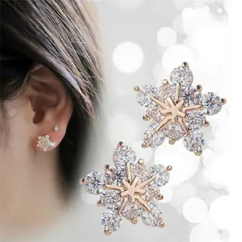 Lüks Kadınlar yapay Elmas kar Tanesi Küpe Moda Küçük Taze Metal Kristal Çiçek Yıldız mini Küpe Hediye Küpe