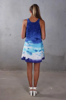 Yaz Kadın Rahat Gevşek Kolsuz O Boyun Mini Elbise Clubwear Moda Mavi Degrade Mini Elbiseler Plaj Vestidos