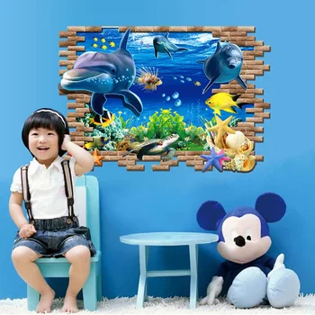 Çocuklar bebek odaları için 3D Sualtı Dünyası Yunus duvar çıkartmaları ev dekorasyonu duvar posteri Hayvanlar sanat çıkartmaları sticker yatak odası