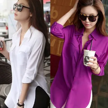 Kadın Uzun Kollu Şifon Kapat-Gömlek Yaka Casual Gevşek Üstler Bluz